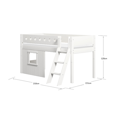 Mid-High Bed with Treehouse, Ladder and Safety Rail, 90x200 cm, White