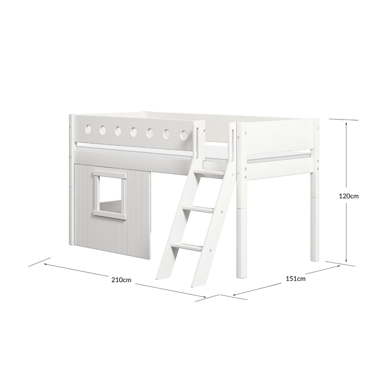 Mid-High Bed with Treehouse, Ladder and Safety Rail, 90x200 cm, White