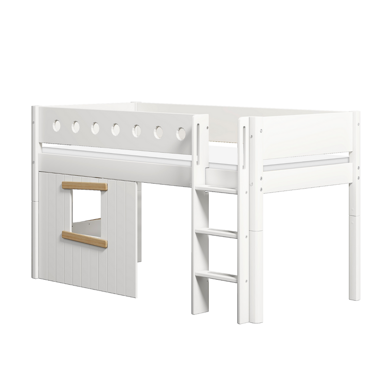 Mid-High Bed with Treehouse, Ladder and Safety Rail, 90x200 cm, White