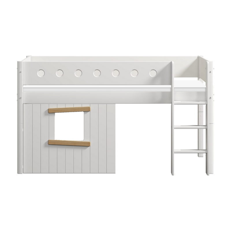 Mid-High Bed with Treehouse, Ladder and Safety Rail, 90x200 cm, White