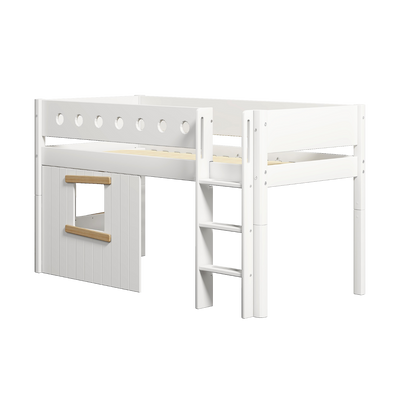 Mid-High Bed with Treehouse, Ladder and Safety Rail, 90x200 cm, White