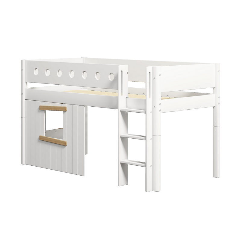 Mid-High Bed with Treehouse, Ladder and Safety Rail, 90x200 cm, White