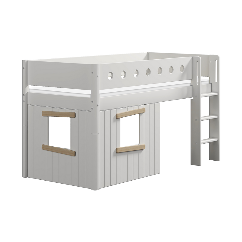 Mid-High Bed with Treehouse, Ladder and Safety Rail, 90x200 cm, White