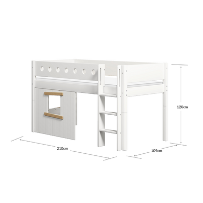 Mid-High Bed with Treehouse, Ladder and Safety Rail, 90x200 cm, White