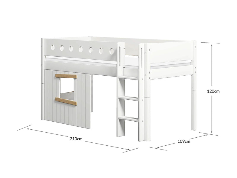 Mid-high Bed with Treehouse, Straight Ladder and Safety Rails, 90x200 cm, White/Oak