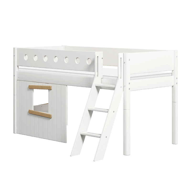 Mid-High Bed with Treehouse, Ladder and Safety Rail, 90x200 cm, White