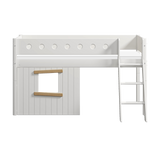 Mid-High Bed with Treehouse, Ladder and Safety Rail, 90x200 cm, White