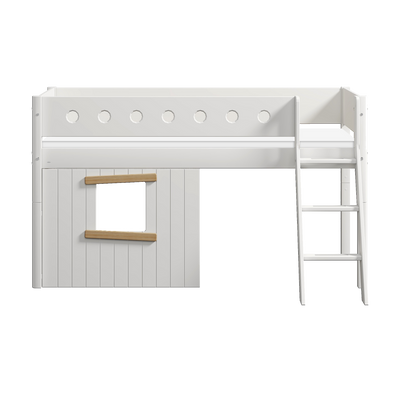 Mid-High Bed with Treehouse, Ladder and Safety Rail, 90x200 cm, White