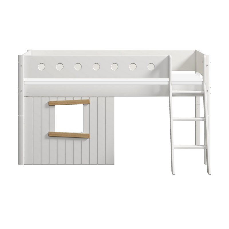 Mid-High Bed with Treehouse, Ladder and Safety Rail, 90x200 cm, White