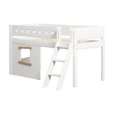 Mid-High Bed with Treehouse, Ladder and Safety Rail, 90x200 cm, White