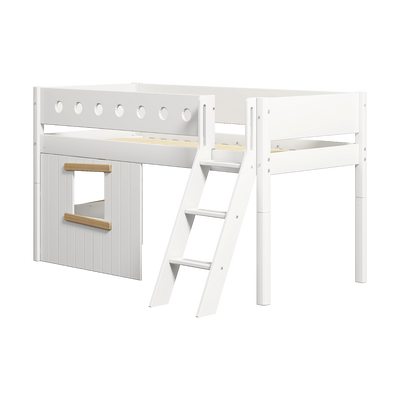 Mid-High Bed with Treehouse, Ladder and Safety Rail, 90x200 cm, White