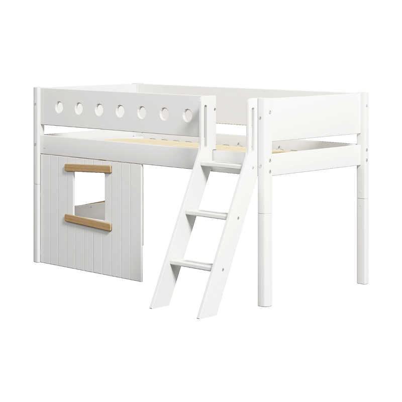 Mid-High Bed with Treehouse, Ladder and Safety Rail, 90x200 cm, White