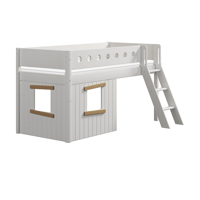 Mid-High Bed with Treehouse, Ladder and Safety Rail, 90x200 cm, White