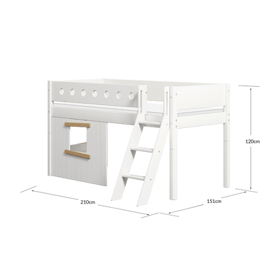 Mid-High Bed with Treehouse, Ladder and Safety Rail, 90x200 cm, White