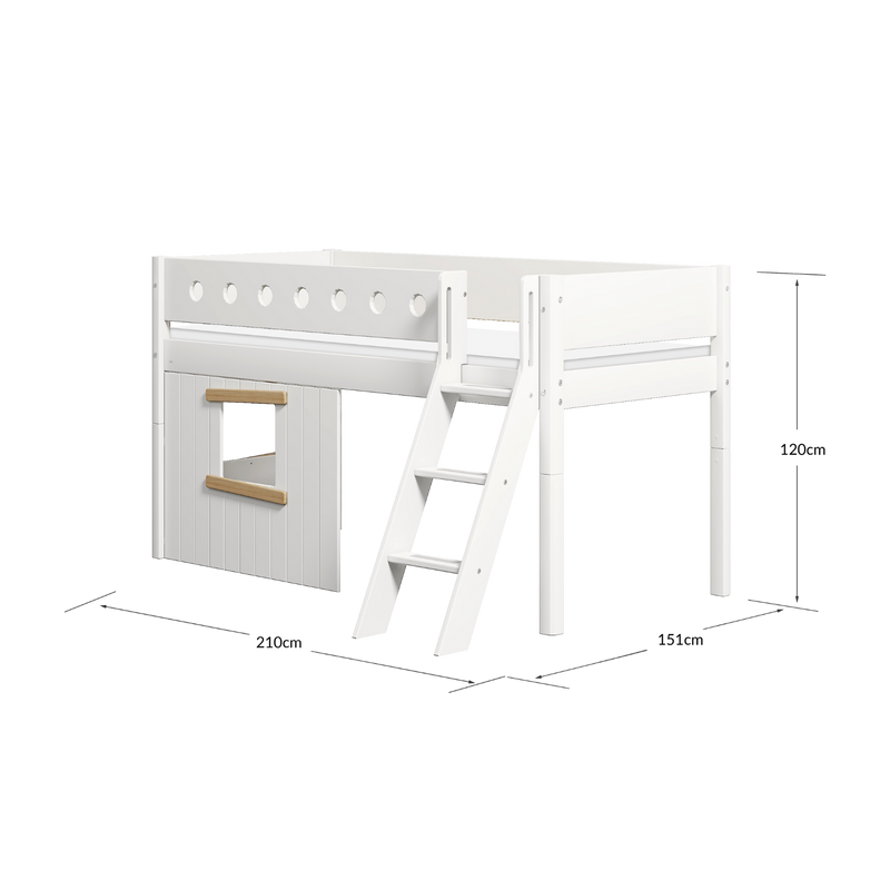 Mid-High Bed with Treehouse, Ladder and Safety Rail, 90x200 cm, White