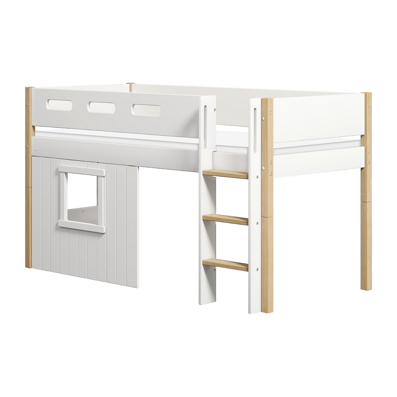 Mid-high Bed with Treehouse, Straight Ladder and Safety Rails, 90x200 cm, White/Oak