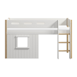 Lit haut 120 cm avec cabane, échelle et barrière de sécurité, 90x200 cm, Blanc/Chêne
