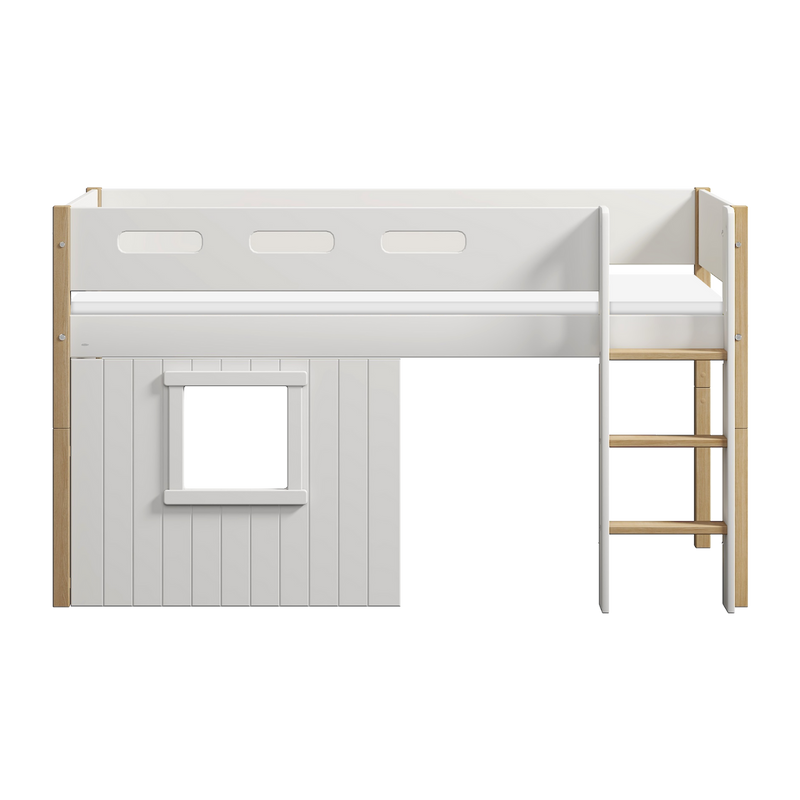 Mid-high Bed with Treehouse, Straight Ladder and Safety Rails, 90x200 cm, White/Oak