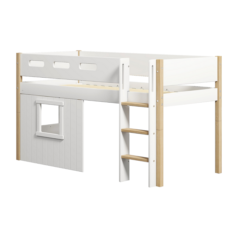 Mid-high Bed with Treehouse, Straight Ladder and Safety Rails, 90x200 cm, White/Oak