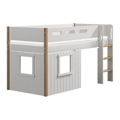 Mid-high Bed with Treehouse, Straight Ladder and Safety Rails, 90x200 cm, White/Oak