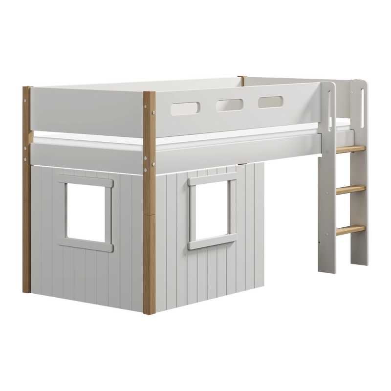 Mid-high Bed with Treehouse, Straight Ladder and Safety Rails, 90x200 cm, White/Oak