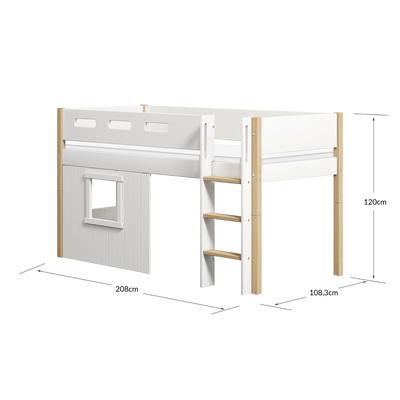 Mid-high Bed with Treehouse, Straight Ladder and Safety Rails, 90x200 cm, White/Oak