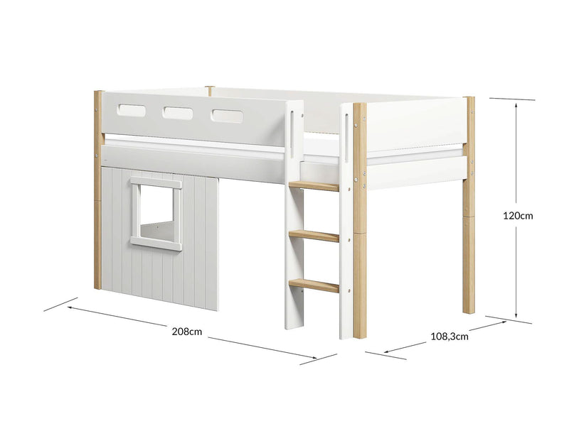 Halfhoogslaper, rechte ladder en boomhut bedfronten, wit frame.