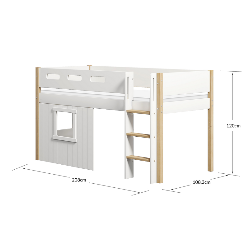 Mid-high Bed with Treehouse, Straight Ladder and Safety Rails, 90x200 cm, White/Oak