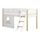 Mid-High Bed with Treehouse, Ladder and Safety Rail, 90x200 cm, White/Oak