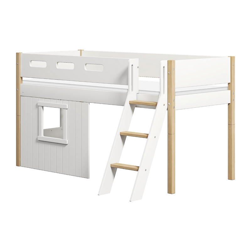 Mid-high Bed with Treehouse, Slanting ladder and Safety Rails, 90x200 cm, White/Oak