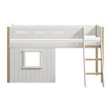 Mid-High Bed with Treehouse, Ladder and Safety Rail, 90x200 cm, White/Oak