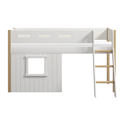 Mid-high Bed with Treehouse, Slanting ladder and Safety Rails, 90x200 cm, White/Oak