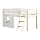 Mid-High Bed with Treehouse, Ladder and Safety Rail, 90x200 cm, White/Oak
