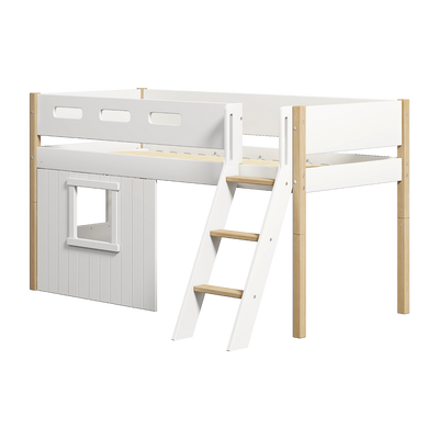 Mid-high Bed with Treehouse, Slanting ladder and Safety Rails, 90x200 cm, White/Oak