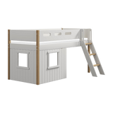 Mid-High Bed with Treehouse, Ladder and Safety Rail, 90x200 cm, White/Oak