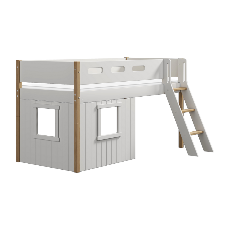 Mid-high Bed with Treehouse, Slanting ladder and Safety Rails, 90x200 cm, White/Oak