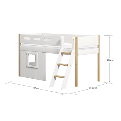 Mid-high Bed with Treehouse, Slanting ladder and Safety Rails, 90x200 cm, White/Oak