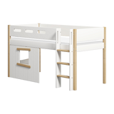 Mid-High Bed with Treehouse, Ladder and Safety Rail, 90x200 cm, White/Oak