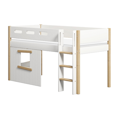 Mid-high Bed with Treehouse, Straight Ladder and Safety Rails, 90x200 cm, White/Oak