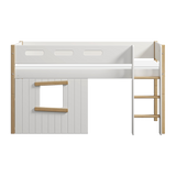 Mid-High Bed with Treehouse, Ladder and Safety Rail, 90x200 cm, White/Oak