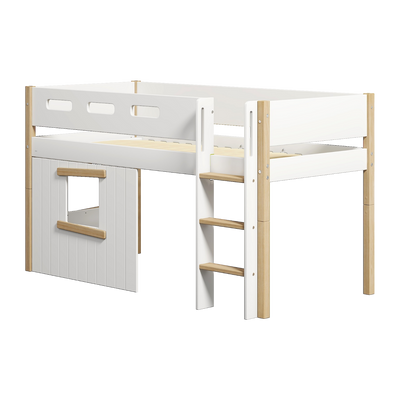 Mid-high Bed with Treehouse, Straight Ladder and Safety Rails, 90x200 cm, White/Oak