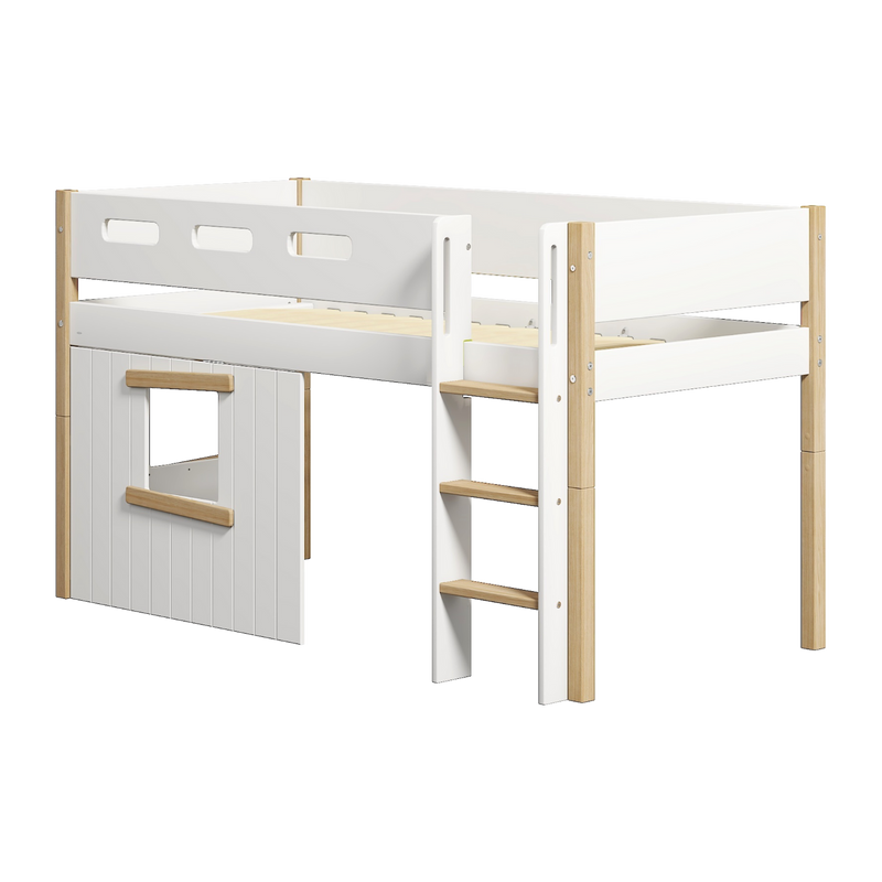 Mid-high Bed with Treehouse, Straight Ladder and Safety Rails, 90x200 cm, White/Oak