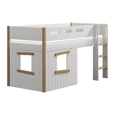 Mid-high Bed with Treehouse, Straight Ladder and Safety Rails, 90x200 cm, White/Oak