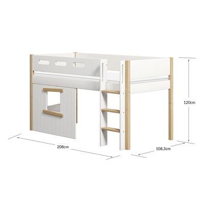 Mid-high Bed with Treehouse, Straight Ladder and Safety Rails, 90x200 cm, White/Oak