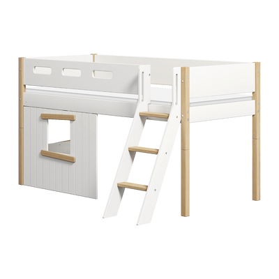 Mid-high Bed with Treehouse, Slanting ladder and Safety Rails, 90x200 cm, White/Oak