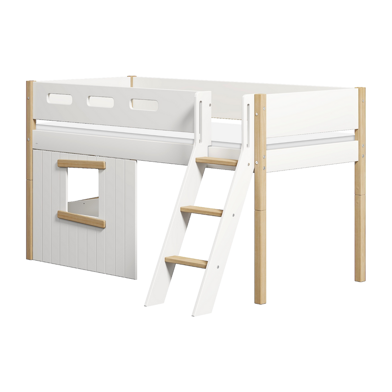 Mid-high Bed with Treehouse, Slanting ladder and Safety Rails, 90x200 cm, White/Oak