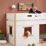 Mid-High Bed with Treehouse, Ladder and Safety Rail, 90x200 cm, White/Oak
