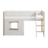 Mid-High Bed with Treehouse, Ladder and Safety Rail, 90x200 cm, White/Oak