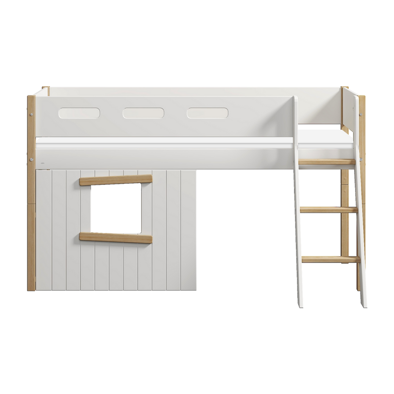 Mid-high Bed with Treehouse, Slanting ladder and Safety Rails, 90x200 cm, White/Oak