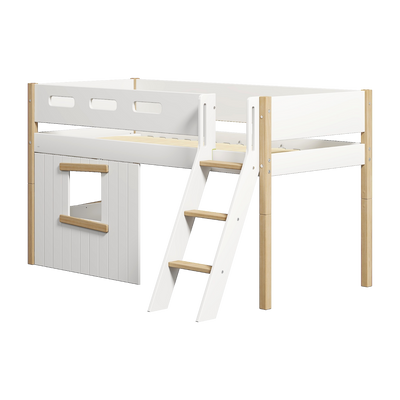 Mid-high Bed with Treehouse, Slanting ladder and Safety Rails, 90x200 cm, White/Oak